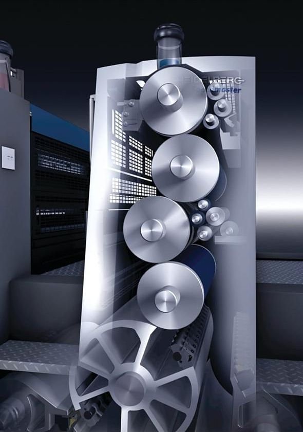 Cutaway illustration of a sheetfed offset printing unit showing its cylinders and rollers