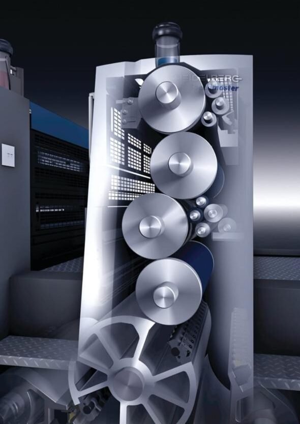 Cutaway illustration of a Heidelberg Speedmaster printing unit showing its cylinders