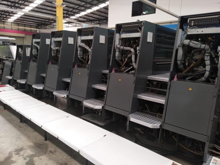 Rear side of a multi-colour Heidelberg Speedmaster sheetfed offset press line